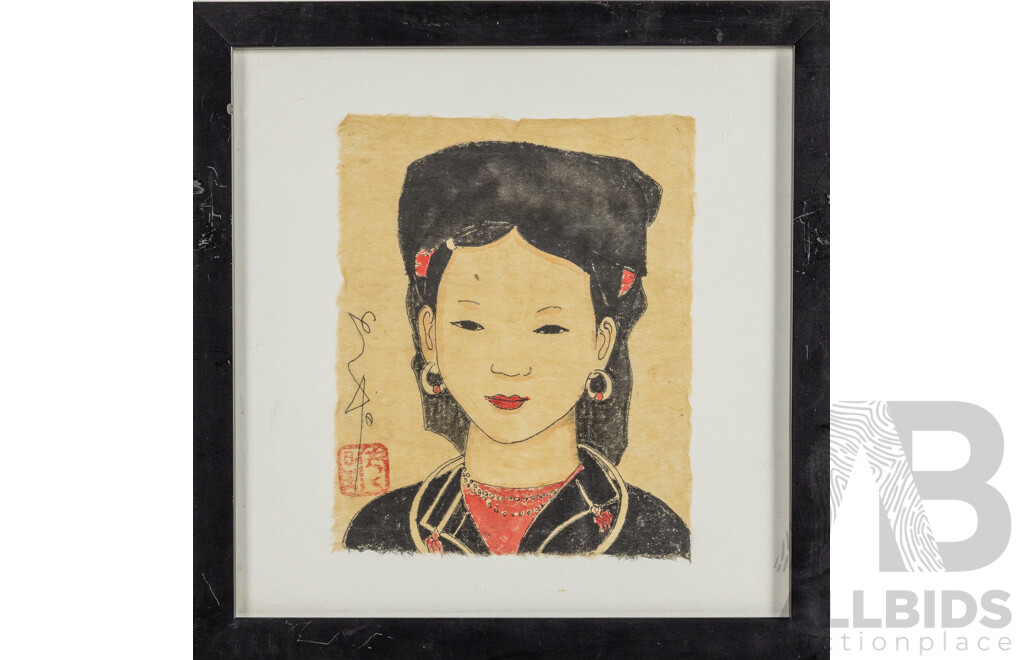 Artist Unknown (20th Century, Vietnamese), Wonderful Collection of Seven Portraits of Young Child in Varied Headdresses, of Original Watercolour, Gouache & Ink of Handmade Paper [Giay Do], 31H x 30W cm (frame) (7)