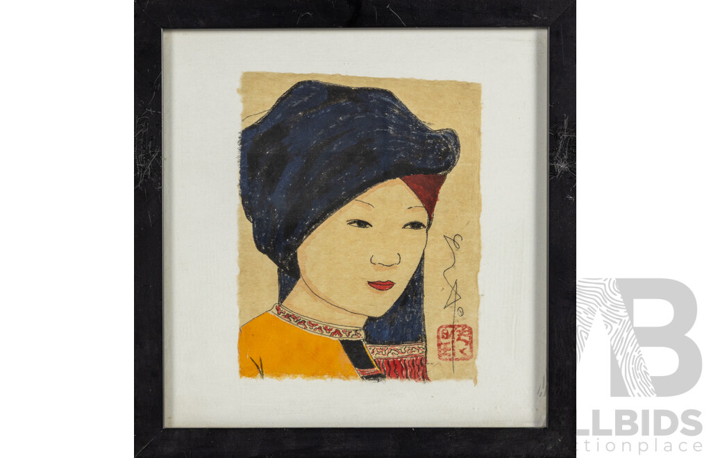 Artist Unknown (20th Century, Vietnamese), Wonderful Collection of Seven Portraits of Young Child in Varied Headdresses, of Original Watercolour, Gouache & Ink of Handmade Paper [Giay Do], 31H x 30W cm (frame) (7)