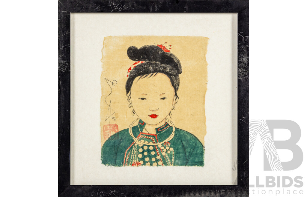 Artist Unknown (20th Century, Vietnamese), Wonderful Collection of Seven Portraits of Young Child in Varied Headdresses, of Original Watercolour, Gouache & Ink of Handmade Paper [Giay Do], 31H x 30W cm (frame) (7)