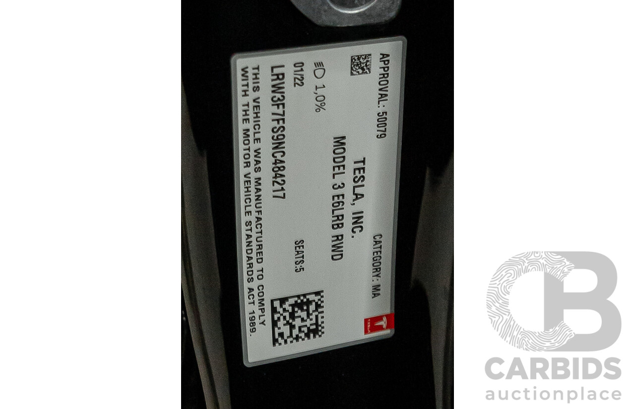 03/2022 Tesla Model 3 Rear Wheel Drive (RWD) E6LRB MY22 4D Sedan Black Electric EV