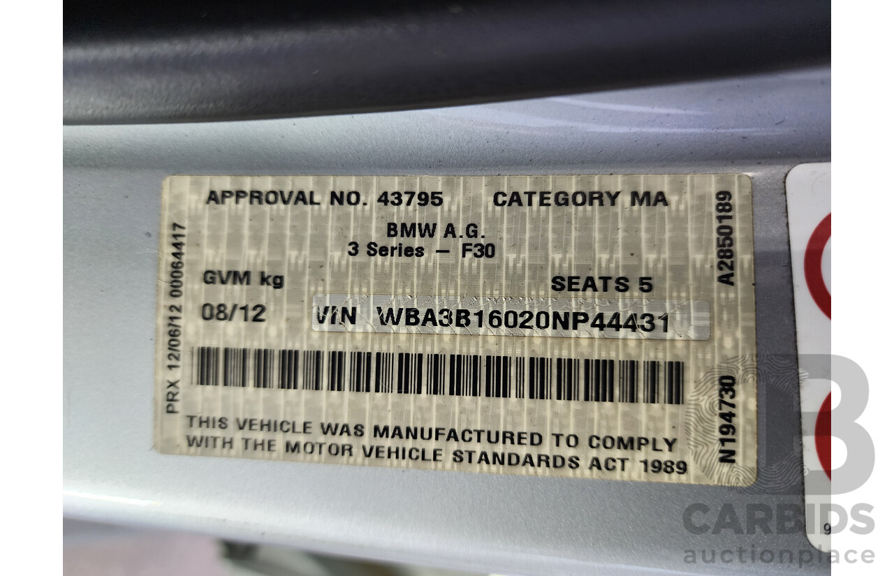 08/2012 Bmw 3 20i F30 4d Sedan Silver 2.0L