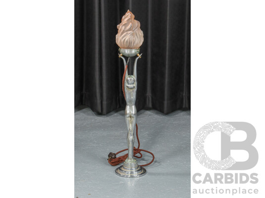 Chrome Art Deco Lady Form Lamp with Glass Flame Shade