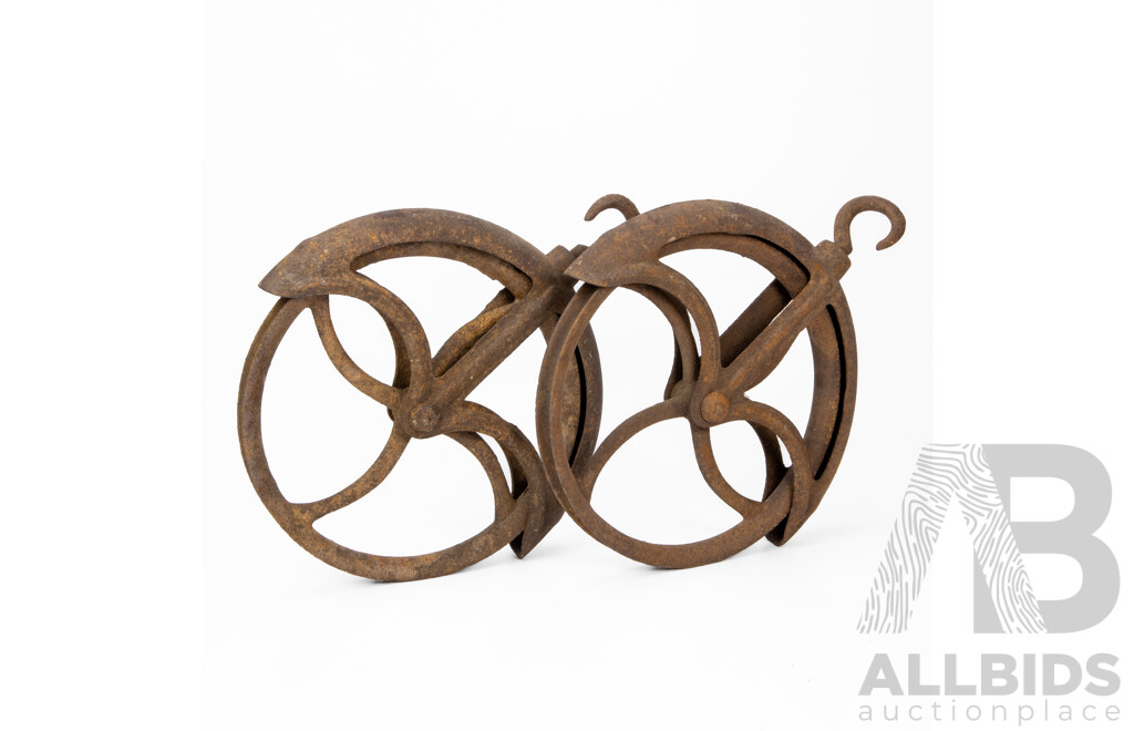 Pair of Vintage Cast Metal Pulley Wheels