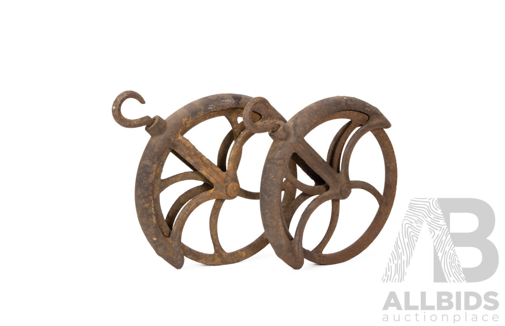 Pair of Vintage Cast Metal Pulley Wheels