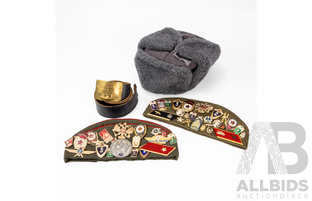 Vintage Ushanka Woolen Hat, Soviet Belt with Buckle and Two Soviet Pilotkas with Pins