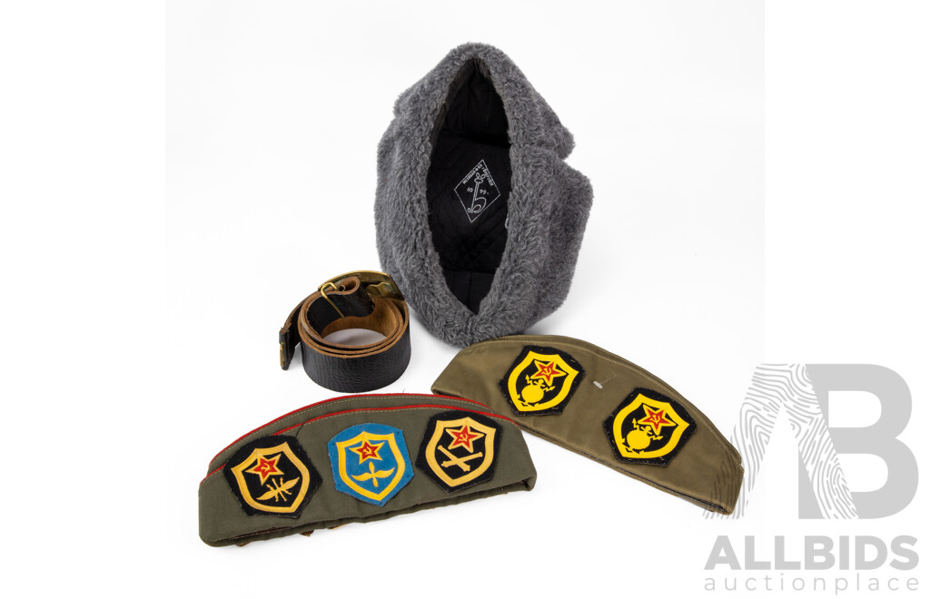 Vintage Ushanka Woolen Hat, Soviet Belt with Buckle and Two Soviet Pilotkas with Pins