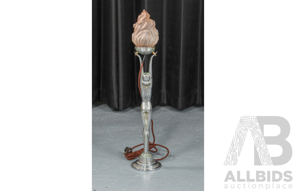 Chrome Art Deco Lady Form Lamp with Glass Flame Shade