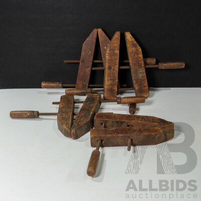 Collection of Four Vintage Jorgensen Wooden Hand Clamps