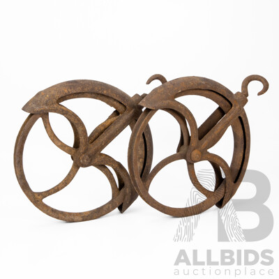 Pair of Vintage Cast Metal Pulley Wheels
