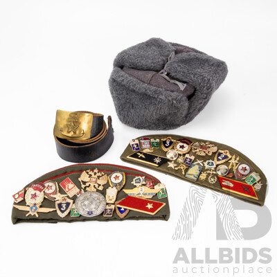 Vintage Ushanka Woolen Hat, Soviet Belt with Buckle and Two Soviet Pilotkas with Pins