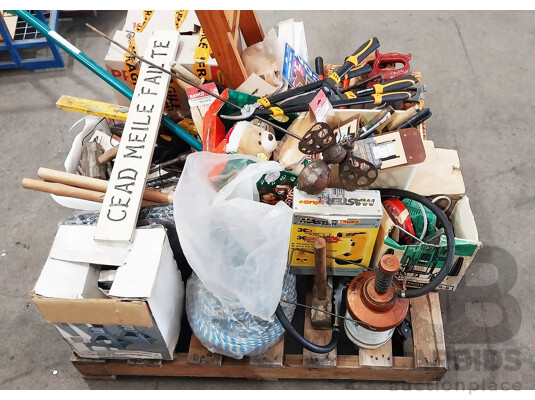 Pallet of Assorted Tools, Hammers, Drill Bits, Hedge Shears and More