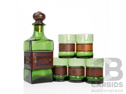 Vintage Green Glass Whiskey Decanter with Leather Bindings and Four Tumblers