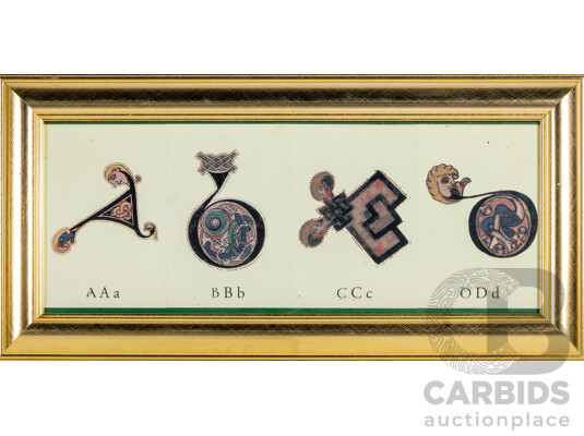 Framed Reproduced Illuminated Letters on Postcards, of the Alphabet From the Book of Kells, 29H x 60W cm (frames) (3)