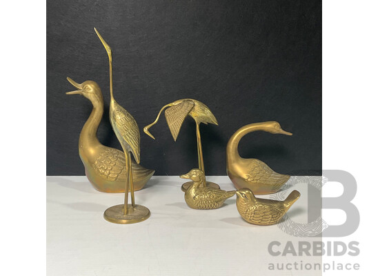 Collection of Six Brass Animals Including Ducks, Bird and Cranes