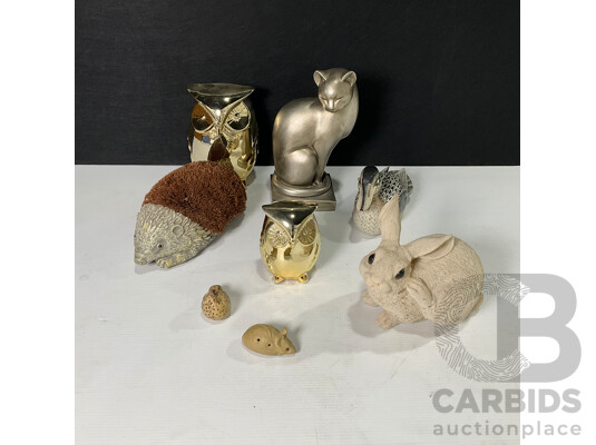 Collection of Eight Decorative Animals Including Duck, Cat, Mouse, Rabbit, Bird Hedgehog and Owl