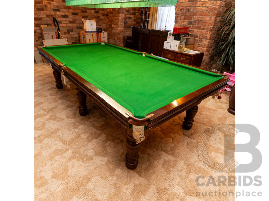 Full Size Slate Top Billiard Table with Both Snooker and Pool Balls, Cues in Rack, Scorer, Framed Rules and Billiards Sign