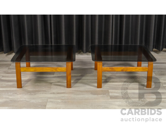 Pair of Vintage Ply Side Tables with Smoky Glass Tops by Tessa Furniture