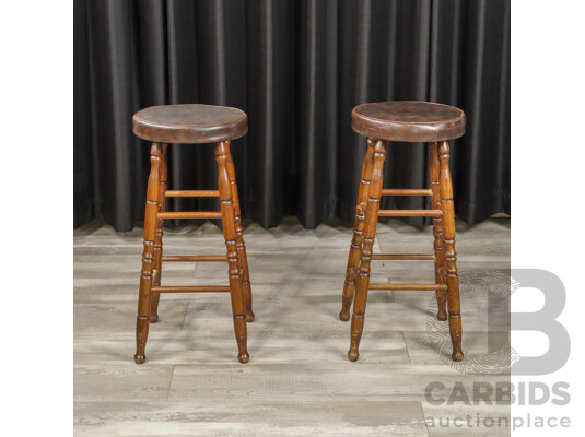 Pair of Leather Top Timber Bar Stools