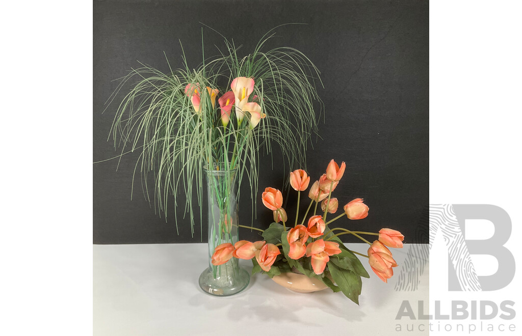 Glass Vase and Ceramic Pot with Fake Plants