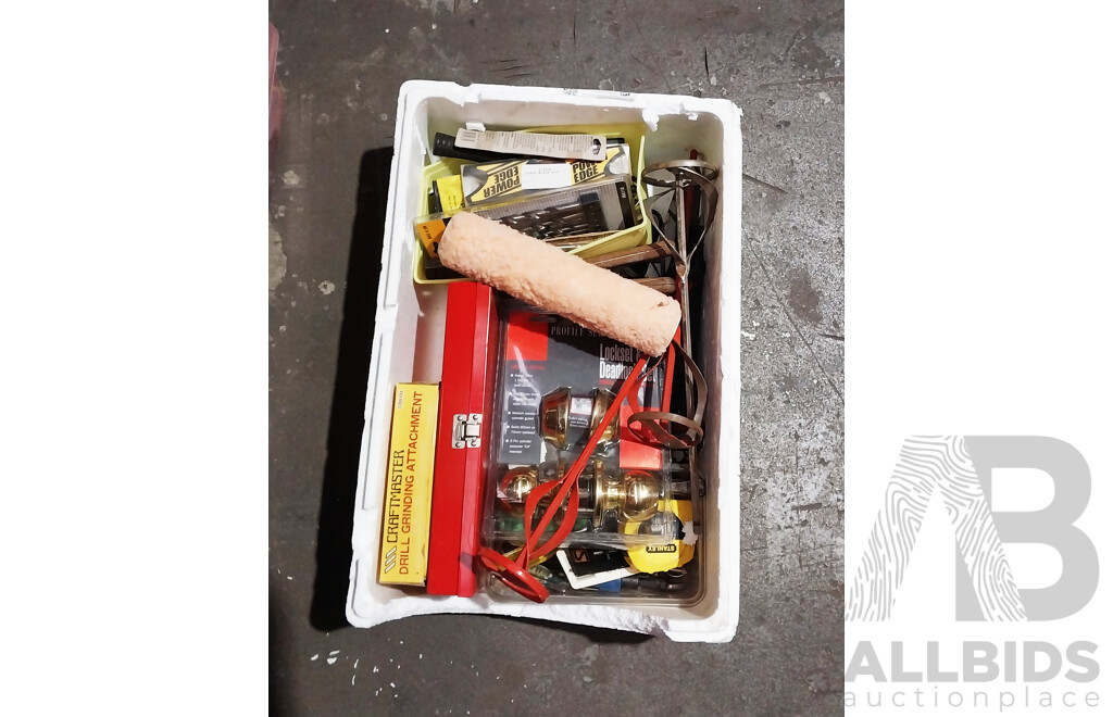 Box of Assorted Tools and Building Supplies