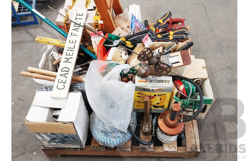 Pallet of Assorted Tools, Hammers, Drill Bits, Hedge Shears and More