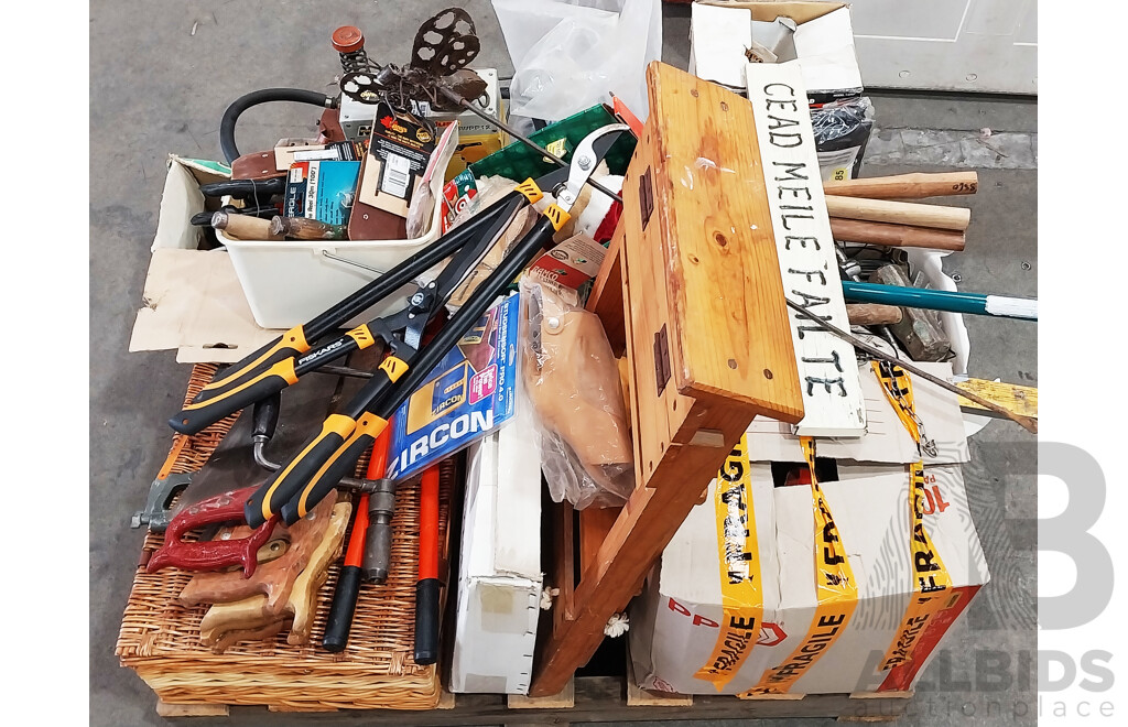 Pallet of Assorted Tools, Hammers, Drill Bits, Hedge Shears and More