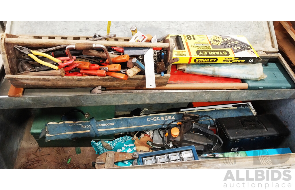 Large Steel Tool Box of Drills, Drill Bits, Tools, Impact Drill