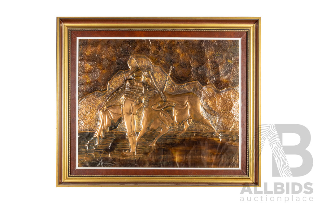 Artist Unknown (20th Century), Matador and Bull, Mid Century Embossed Pressed Copper Relief, 80H x 94W cm (frame)