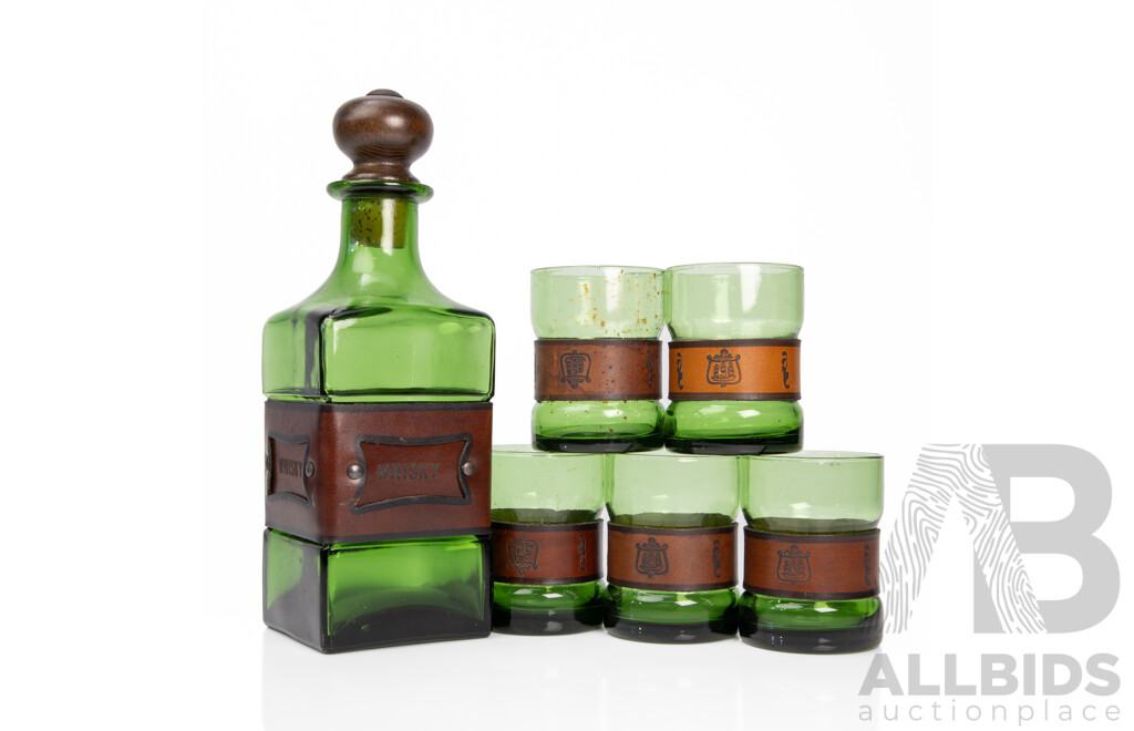 Vintage Green Glass Whiskey Decanter with Leather Bindings and Four Tumblers