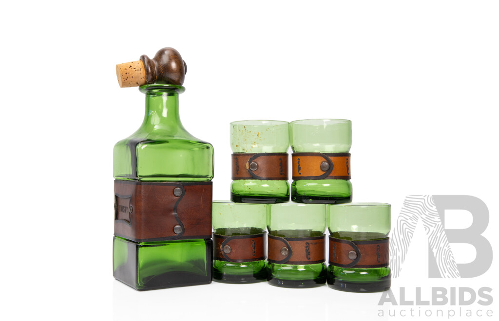 Vintage Green Glass Whiskey Decanter with Leather Bindings and Four Tumblers