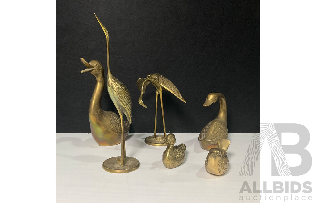 Collection of Six Brass Animals Including Ducks, Bird and Cranes