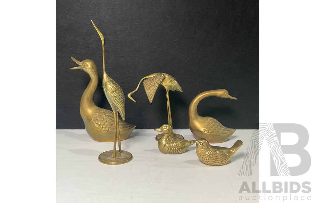 Collection of Six Brass Animals Including Ducks, Bird and Cranes