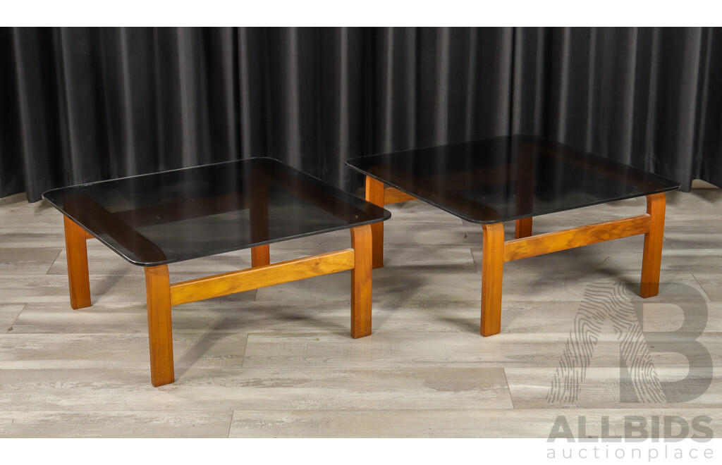 Pair of Vintage Ply Side Tables with Smoky Glass Tops by Tessa Furniture