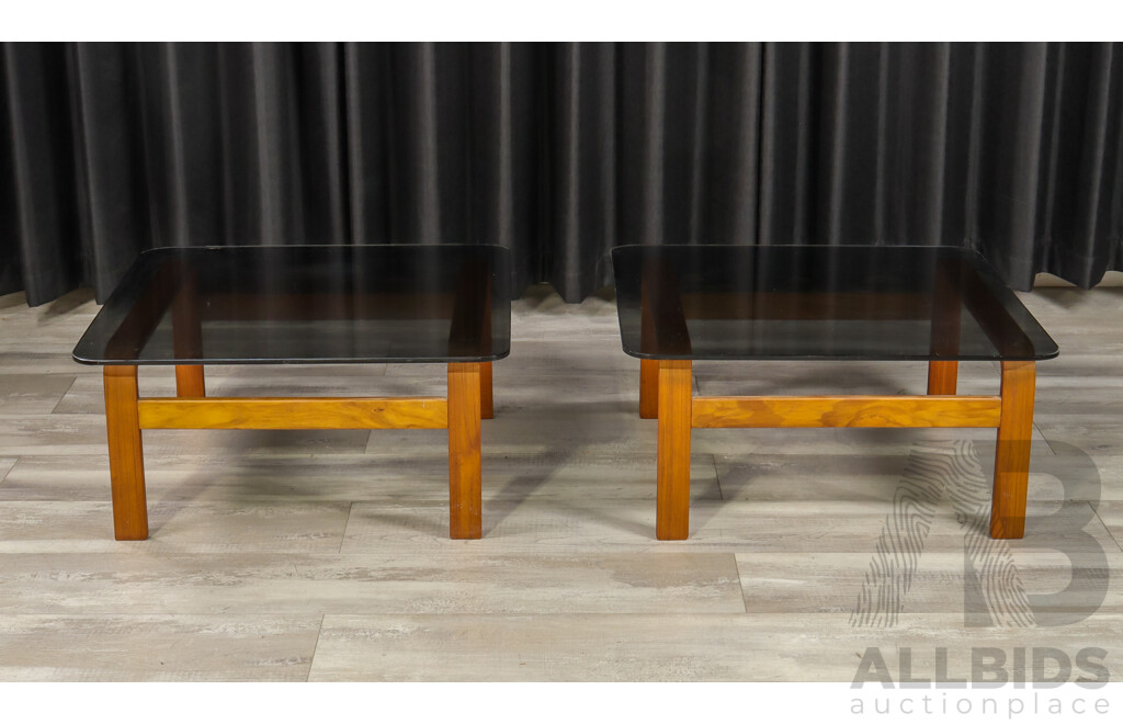 Pair of Vintage Ply Side Tables with Smoky Glass Tops by Tessa Furniture