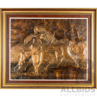 Artist Unknown (20th Century), Matador and Bull, Mid Century Embossed Pressed Copper Relief, 80H x 94W cm (frame)