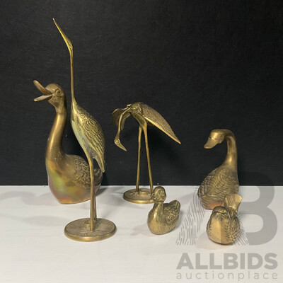 Collection of Six Brass Animals Including Ducks, Bird and Cranes