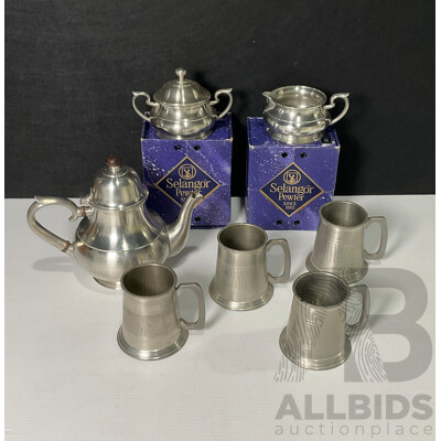 Collection of Selangor Pewter Cups and Teapot