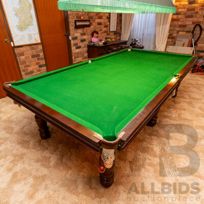 Full Size Slate Top Billiard Table with Both Snooker and Pool Balls, Cues in Rack, Scorer, Framed Rules and Billiards Sign