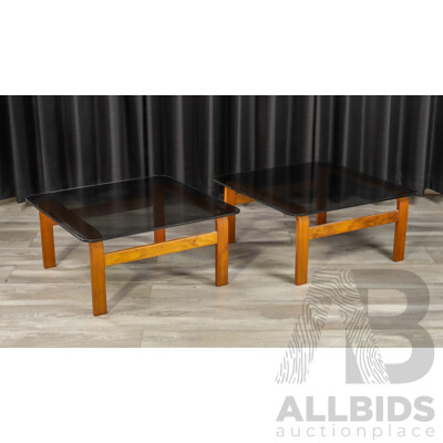 Pair of Vintage Ply Side Tables with Smoky Glass Tops by Tessa Furniture