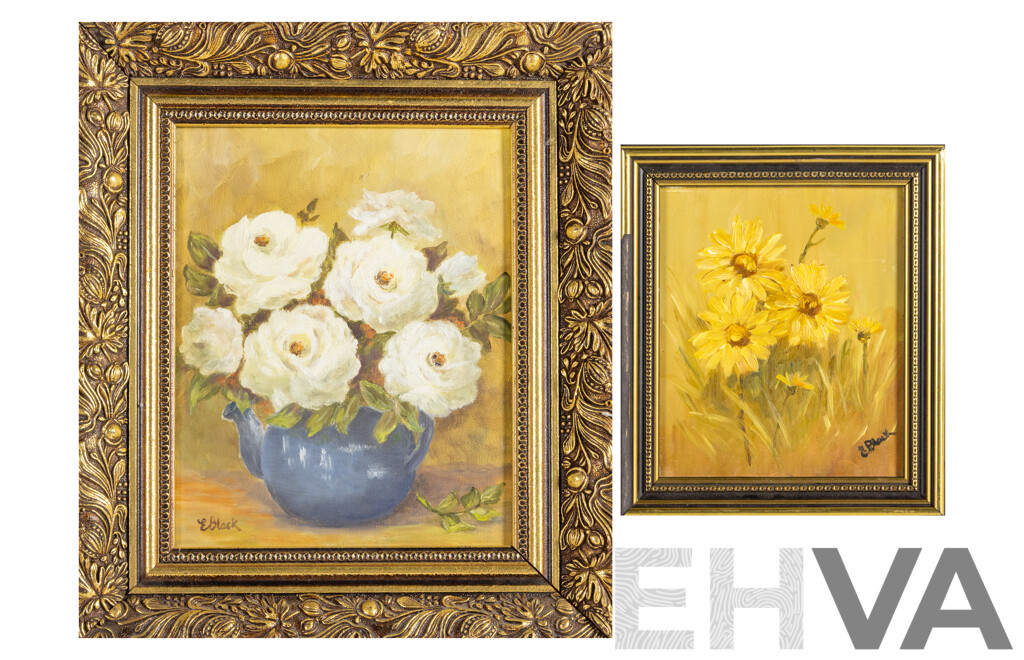 Elva Black (20th Century, Australian), Bowl of Roses and Growing Wild, Pair of Original Vintage Oils on Canvas Board/Board, 35H x 31W cm (frame largest) (2)