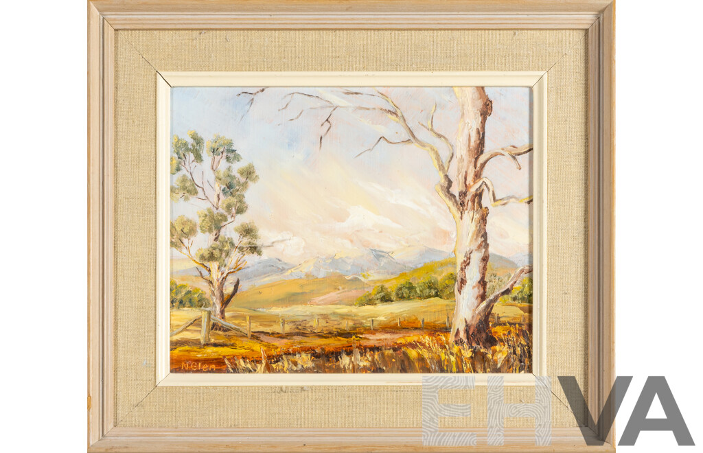 N.Glen, (20th Century), Golden Hills and Ghost Gums, Wonderful Original Vintage Oil on Masonite, 30H x 36W cm (frame)