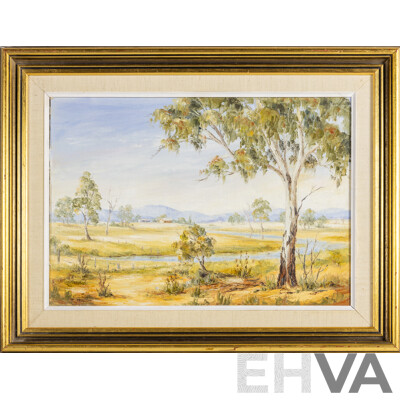 D.Scott, (20th Century), Summer Afternoon Landscape, Original Vintage Oil on Canvas Board, 51H x 67W cm (frame)