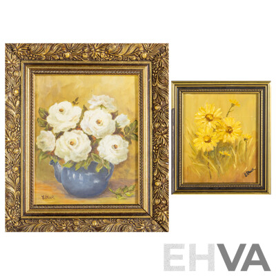 Elva Black (20th Century, Australian), Bowl of Roses and Growing Wild, Pair of Original Vintage Oils on Canvas Board/Board, 35H x 31W cm (frame largest) (2)