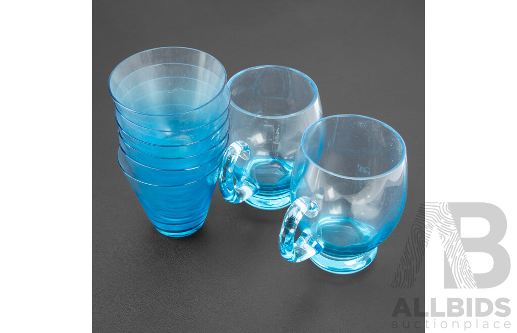Collection of Eight Vintage Aqua Glasses Including Six Tumblers and Two Mugs