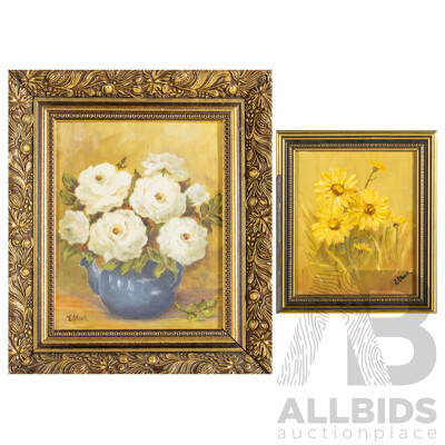 Elva Black (20th Century, Australian), Bowl of Roses and Growing Wild, Pair of Original Vintage Oils on Canvas Board/Board, 35H x 31W cm (frame largest) (2)