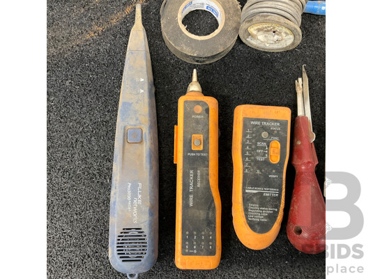 1663991 · Assorted Telecommunications and Data Cabling Tools, Including FLUKE Networks Pro3000 Probe, Network Cable Tester and Others