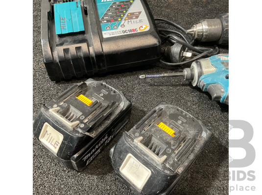 1663992 · MAKITA 18V Kit, Including Hammer Drill Driver (DHP486), Impact Driver (DTD173), Battery Charger (DC18RC) and 2x 5.0ah Battery - Lot of 5