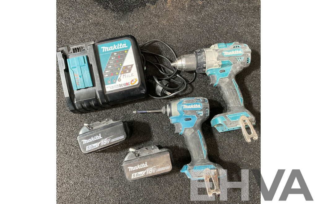 MAKITA 18V Kit, Including Hammer Drill Driver (DHP486), Impact Driver (DTD173), Battery Charger (DC18RC) and 2x 5.0ah Battery - Lot of 5