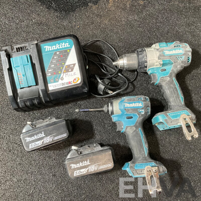 MAKITA 18V Kit, Including Hammer Drill Driver (DHP486), Impact Driver (DTD173), Battery Charger (DC18RC) and 2x 5.0ah Battery - Lot of 5