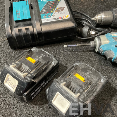 MAKITA 18V Kit, Including Hammer Drill Driver (DHP486), Impact Driver (DTD173), Battery Charger (DC18RC) and 2x 5.0ah Battery - Lot of 5